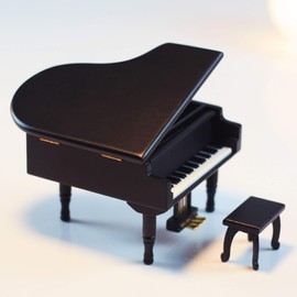 ANGEL MELODY Wooden Grand Piano Music Box Mechanism with Bench and Metal Pedal, Ring Storage Box Wind up You are My Sunshine Musical Boxes Birthday Gifts for Her, Kids, Daughter, Boys, Girls, (Black)