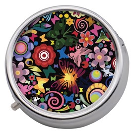 Cosmic Flowers Three Section, Pill Box Medication Case for Pocket or Travel