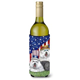 Caroline's Treasures PPP3121LITERK Old English Sheepdog USA Wine Bottle Hugger Bottle Cooler Sleeve Hugger Machine Washable Collapsible Insulator Beverage Insulated Holder
