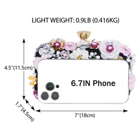 Milisente Floral Clutch Bag for Women Beaded Flower Evening Purse with Diamond Closure Detachable Chain for Wedding(Black)