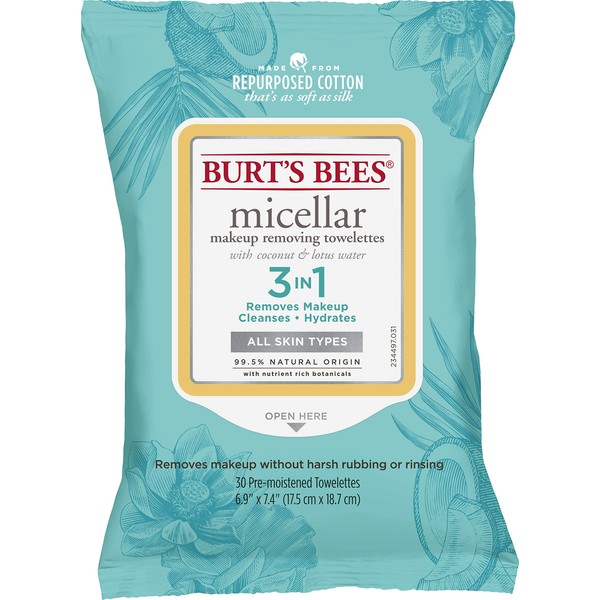 Burt's Bees, 3 in Facial Cleanser Towelettes and Makeup Remover Wipes and Made Repurposed Cotton, Micellar with Coconut & Lotus Water, 30 Count