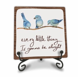 Every Little Thing Is Gonna Be Alright - 4" Wooden Sign With A Metal Support -Watercolor Adorable Birds, Positive Quotes Wooden Plaque Desk Decor, Uplifting Gifts, Home Decorations & Gifts