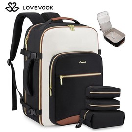 LOVEVOOK Fall Travel Backpack for Women & Men as Personal Item Flight Approved, Large Capacity Carry on Backpack for Airplanes with 3 Packing Cubes and Laptop Compartment, Waterproof WeekenderBag for Hiking, Overnight:_Black-beige-brown_50L