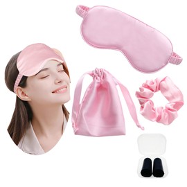 JK Home Silk Eye Mask Travel Set with Pouch Earplug and Hair Scrunchies, Satin Sleep Mask Soft Eye Cover Eyemask for Women Men Blackout with Elastic Strap for Night Travel Nap Pink