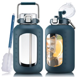 WINSA Large Glass Water Bottles with Stainless Steel Handle,100 oz Gallon Drinking Bottle with 2-in-1 Straw Lid,3 Liter Glass Water Jug with Silicone Sleeve,Wide Mouth,Dark Blue