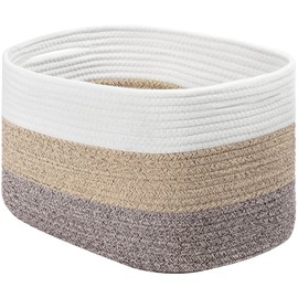 Woven Cotton Rope Storage Boxs With Hollow Handle, Toy Storage Baskets for Shelves Bathroom Towel. (White Brown Grey, 1 Pack)