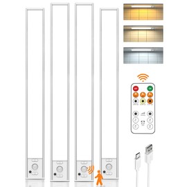 Under Cabinet Lights with Remote Control,16 inch LED Motion Sensor Light Indoor,4000mAh USB Rechargeable Closet Lights, 3 Color Temps Wireless Under Counter Lights for Bedroom,Wardrobe,Stairs, 4 Pack