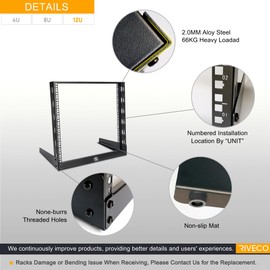 RIVECO 12U Desktop Rack for Audio & Network Devices 19 Inch 2 Post Open Frame Shelf with Reinforced Beam, Free Standing Tabletop Racks for IT Server Sound AV Music Recording Equipment