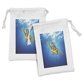 Ambesonne Turtle Fabric Pouch Set of 2, Eretmochelys Imbricata Swimming in Blue Waters Sun Rays Oceanic Wildlife, Small Drawstring Bag for Toiletries Masks and Favors, 9" x 6", Blue Yellow Dark Brown