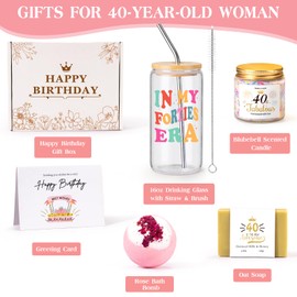 40th Birthday Gifts Women, Unique 40th Birthday Gift Box for 40 Year Old Women, Her, w/In My Forties Era 16oz Coffee Cup, 40 Fabulous Candle, 5PCS