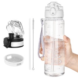 OLDLEY Kids Water Bottle for School, 17 oz (2 lids) BPA-Free Reusable Leak-proof Durable Tritan Plastic Water Bottles with Straw & Chug Lids, Anti-dust Spout Cover (Clear)