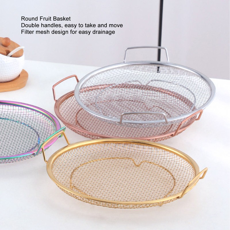 Stainless Steel Fruit Basket Double Handles Metal Mesh Drain Round