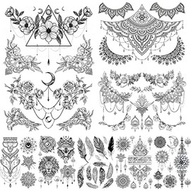 glaryyears 8 Hojas Mandara Cofres Tatuajes Para Mujer, Flor Negra Hoja León Lobo Atrapasueños Diseños Underboob Tatuajes Temporales Pegatinas En El Pecho Cintura Impermeable Body Art Tam