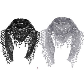 Minejin Women Hollow Lace Tassel Sheer Burntout Floral Print Triangle Mantilla Scarf Shawl 2Pack (Black&Grey)