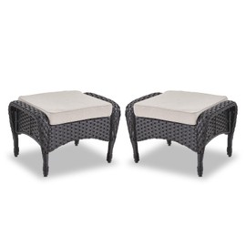Belord Outdoor Ottomans for Patio Foot Rest - 25 Inch PE Wicker Foot Stool Set of 2 with Removable Cushions for Patio Furniture Sets,All Weather Rattan Ottoman for Balcony Deck Backyard Black