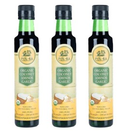 P L-RA Organic Coconut Aminos Garlic 8.5fl oz - Sweet & Sour Garlic Sauce, Tangy - Substitute for Soy Sauce - Low sodium -Vegan, Gluten-Free, Non-GMO, Kosher Marinade - Pack of 3 x 8.5fl oz