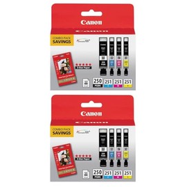 Canon 2 Pack PGI-250 and CLI-251 4-Cartridge Combo Pack, Includes Photo Paper Plus Glossy II, CLI-251C, CLI-251Y and CLI-251M Ink Tank, PGI-250PGBK Black Ink Tank for Select PIXMA Printers