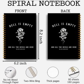 Guymn Hell is Empty Shakespeare Quote Dark Academia Aesthetic Notebook Journal, Gothic Floral Snake Notebook Journal, Gothic Gifts for Women, Goth Office Supplies, Spiral Notebook 5.5x8.3 Inch