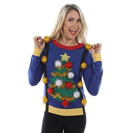 Tipsy Elves Women's Ugly Christmas Sweater - Decorated Christmas Tree Blue Holiday Pullover Size X-Large