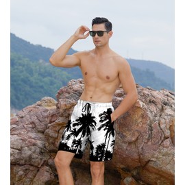 Belovecol Mens Waterproof Board Shorts Hawaiian Style Palm Tree Design Swim Trunks Quick Dry Summer Swimwear Two Side Pockets Swimwear for Beach Party XL
