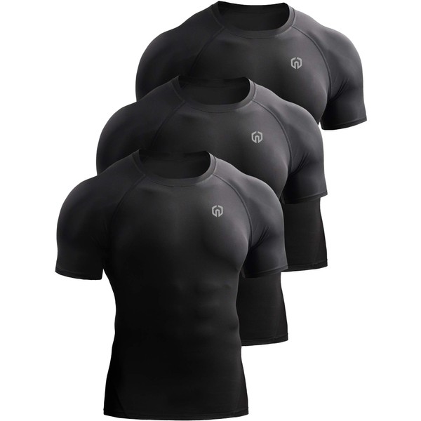 NELEUS Men's 3 Pack Compression Baselayer Athletic Workout T Shirts,5022,Black,Black,Black,S