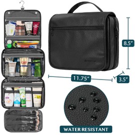 PAVILIA Hanging Toiletry Bag Women Men, Foldable Cosmetic Organizer Travel Bag, Water Resistant Makeup Bag Toiletries, Large Travel Essentials Kit, Black, Large