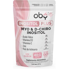 Oby Inositol Pure 40:1 Myo y D-Chiro Inositol, Acido folico, Zinc, Prebióticos Vitaminas para Mujer Suplemento en Polvo 300 gr Mezcla Ideal 40:1 y 7 ingredientes 60 días