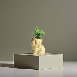 FANIX (Yellow) Cute Ceramic Cat Planter - Succulent Planter with Drainage, Small Plant Pot for Indoor/Outdoor, Handmade Look Decor