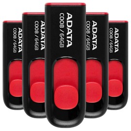 PSA COMPUTO Y PAPELERIA Kit 5 Piezas Memoria USB Adata C008 64gb 2.0 Negro Y Rojo Unidad Flash Classic Diseño Elegante, facil de Usar sin Tapa para Todo Tipo de computadora, KIT5AC008-64G-RKD