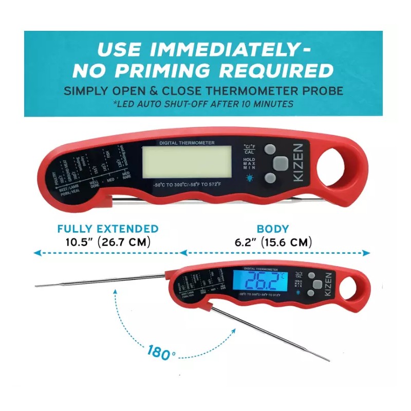 Kizen Digital Waterproof Instant Read Meat Thermometer - Black Red-NEW/SEALED