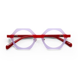 eyebobs Paradox Premium Readers for Women and Men | Hexagonal Eye Glasses | Milky Lavender and Red Front with Milky Red Temples | 2.00