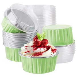 EUSOAR Baking Cups with Lids, 30pcs 5oz Disposable Aluminum Foil Muffin Liners Ramekins Cupcake Baking Cups, Disposable Foil Baking Cups Containers Mini Pie Pans for Creme Brulee or Cupcake-Green