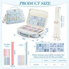 Sinload Quilted Bible Cover Case for Women 12 x 9 x 2.5 Inch Bible Chenille Letter Bag with Shoulder Strap Carrying Tabs 6 Colored Pens 12 Highlighters Christian Church Study Gifts(Blue,Floral)