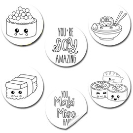 Color Your Own Cute Sushi Themed Birthday Party Favor Sticker Labels for Kids, 90 1.5" Party Circle Stickers by AmandaCreation, Great for Arts & Crafts, Envelope Seals, Goodie Bags & Treats
