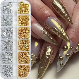 Silver and Gold Nail Charms and Gems, 2.5-6mm Half Round Flatback Nail Pearls Ball Beads for Nails, Pearl Nail Charm Rhinestones Nail Decoration for Crafting Face Hair Manicure DIY