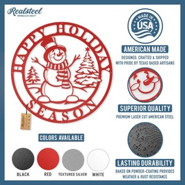 RealSteel Metal Wall Art - Happy Holiday Season Snowman Sign - Christmas Wall Decor, Snowman Artwork - Holiday Winter Decoration - 24" Red
