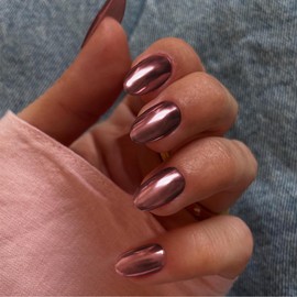 Rose Red Chrome Press on Nails Short Almond Press ons Metallic Glue on Acrylic Fake Nails for Women, Thick Shinny Glazed False Nails Glue on Nail Short Oval for Party 24Pcs