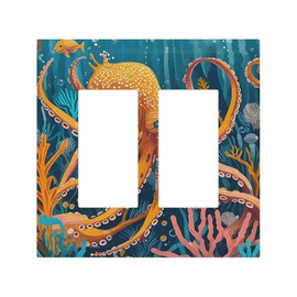 Cartoon Style Octopus Fish Coral Reef L Deep Sea Decorative Outlet Covers 2 Gang Double GFCI Rocker Electrical Wall Panels Light Switch Cover Plate for Bedroom Farmhouse Decor