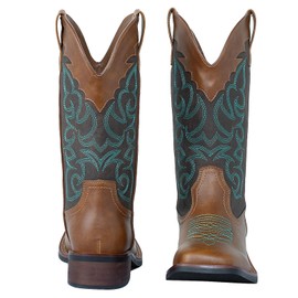 SheSole Women's Cowboy Boots Square Toe Mid Wide Calf Cowgirl Boots Chunky Heel Fashion Western Boots US Size 9.5