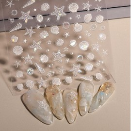 HYWWPFLAY 2 Sheets 5D Embossed Beach Nail Stickers - Starfish, Seashell, Dolphin, Summer Nail Art Stickers Decals for Women, Self-Adhesive Aurora Ocean-Themed Manicure Design DIY Decoration