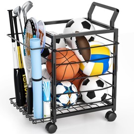 DUDUXI Sports Equipment Organizer Rolling Garage Ball Storage Cart Outdoor Toy Storage Ball Holder Garage Organizer Sport Rack Garage Organization with Side Bracket for Basketball Football Gym