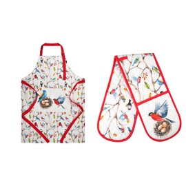 SiXsigma Sports Unisex Cooking Apron and Double Oven Glove Set for Butcher Kitchen Chefs Restaurant Bistro BBQ School College Bags 100% Cotton for Adults Men Women, Dawn Chorus Cooking Apron and Double Oven Glove Set