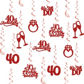 Plzaxou 40th Anniversary Decorations, Red Glitter Happy 40th Anniversary Hanging Swirls, 40 Ruby Wedding, Cheers to 40 Years Blessed & Loved Wedding Party Foil Spirals Hanging Decorations