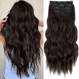 KooKaStyle Clip in Synthetic Hair Extensions Long Wavy 4PCS Thick Hairpieces Dark Brown 6# Fiber Double Weft Natural Hair Extensions 24 Inch for Women