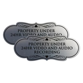 Signs ByLITA Designer Property Under 24hr Audio and Video Recording Sign - Easy Installation | Durable Wall or Door Sign (Brushed Silver) - Small 2 Pack