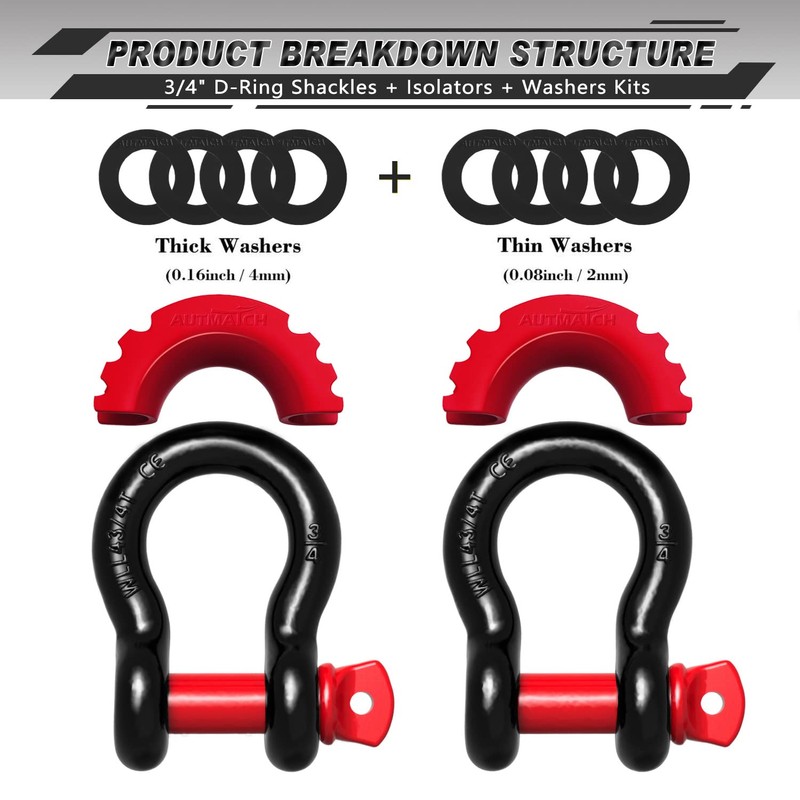 AUTMATCH D Ring Shackle 3/4" Shackles (2 Pack) 41,887Ibs Break