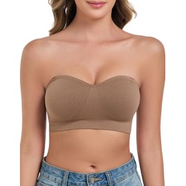 ANGOOL Women's Strapless Bra Without Underwire Push Up Bra Without Straps Fixed Padding Bandeau Top Women's Seamless with Transparent and Primary Coloured Straps, brown, S