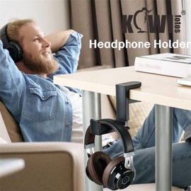 KIWIFOTOS Under Desk Headphone Stand Holder, PC Gaming Headset Hook Hanger Mount with 360 Adjustable Rotating Arm Clamp & Built in Cable Clip Black