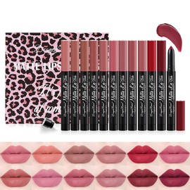 RoseFlower 12 Colors Lipsticks Set, Matte Lipstick with Gift box, Velvet Nude Lipstick Pen with Pencil Sharpener Automatic lip liner set Waterproof Lip Tint Makeup Set Kit Lip Makeup for Women