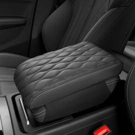 POKSRI Armrest Cushion Car Genuine Cowhide Leather, Black Centre Console Car Box Mat, Vehicle Armrest Cushion Protection, Memory Foam Genuine Cowhide Leather, Console Hand Rest Cushion (Size B 35 x 20